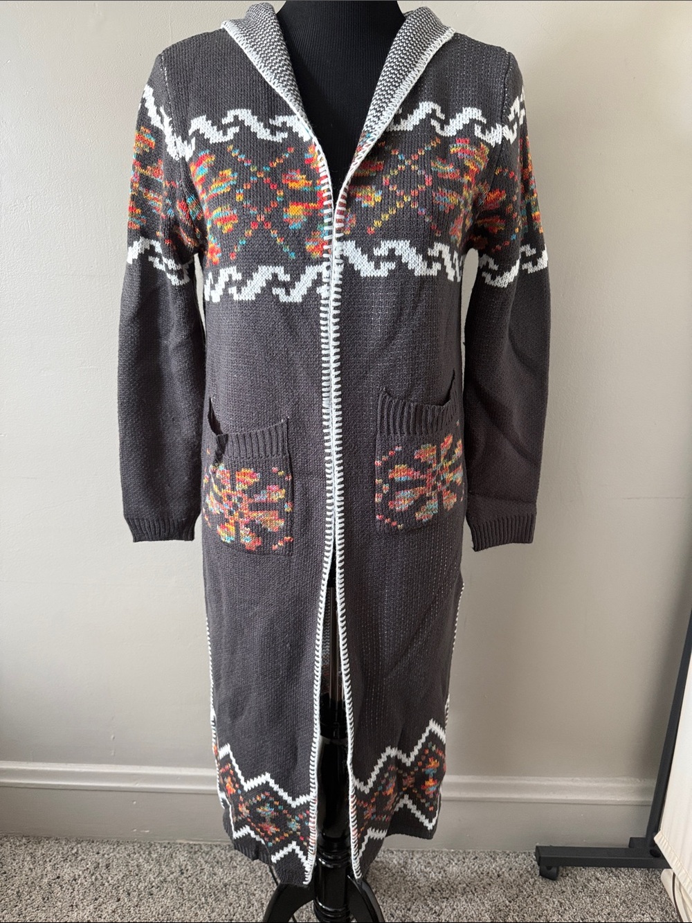 Long Hooded Knit Cardigan Sweater Charcoal w Multicolor Vibrant Aztec Pattern M